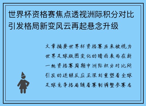 世界杯资格赛焦点透视洲际积分对比引发格局新变风云再起悬念升级
